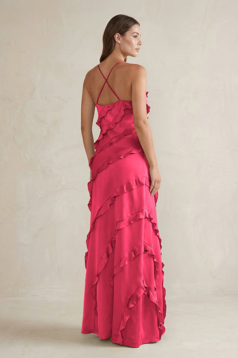 Spaghetti Straps Sheath Stain Ruffled Bridesmaid Dress in Fuchsia - KissProm Bridesmaid Dresses