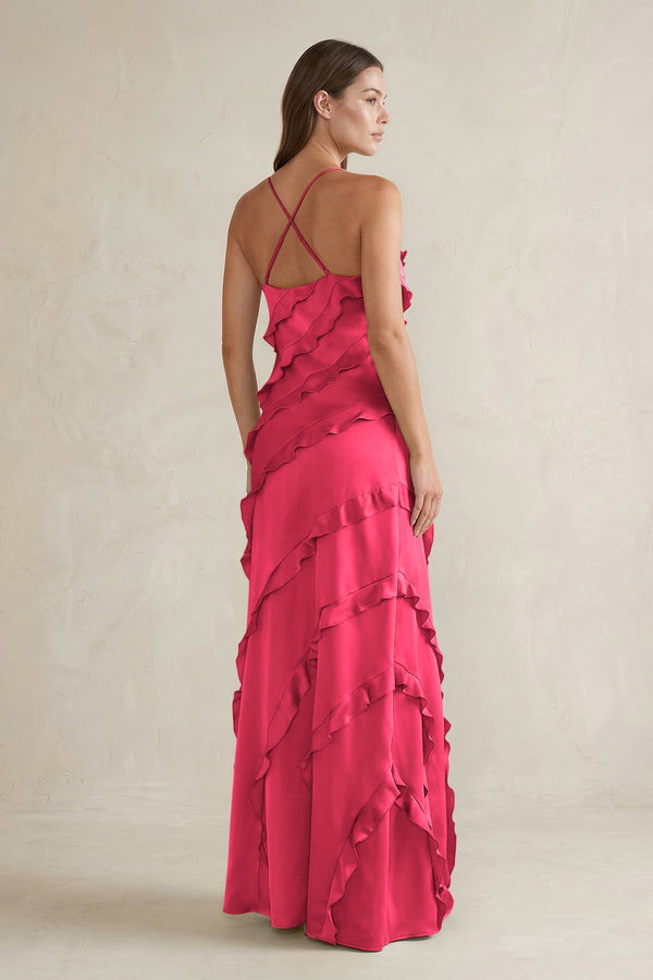 Spaghetti Straps Sheath Stain Ruffled Bridesmaid Dress in Fuchsia - KissProm Bridesmaid Dresses