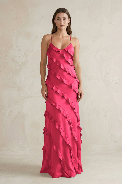Spaghetti Straps Sheath Stain Ruffled Bridesmaid Dress in Fuchsia - KissProm Bridesmaid Dresses