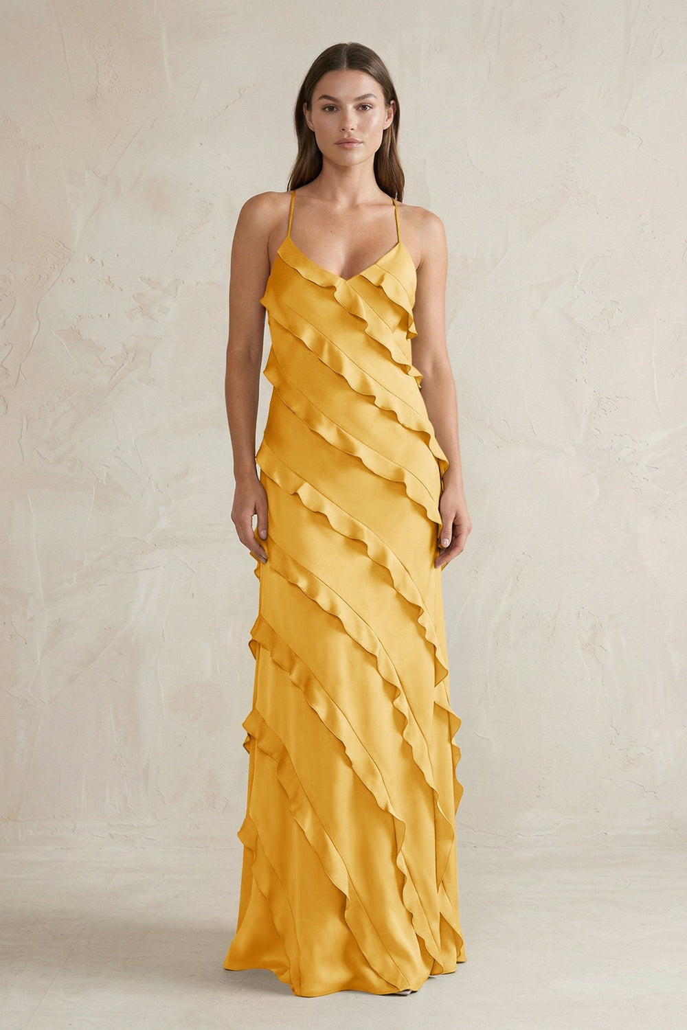Spaghetti Straps Sheath Stain Ruffled Bridesmaid Dress in Gold - KissProm Bridesmaid Dresses