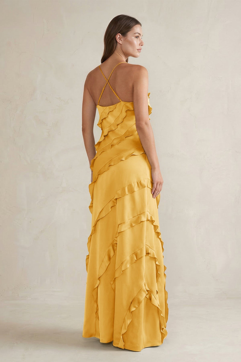 Spaghetti Straps Sheath Stain Ruffled Bridesmaid Dress in Gold - KissProm Bridesmaid Dresses