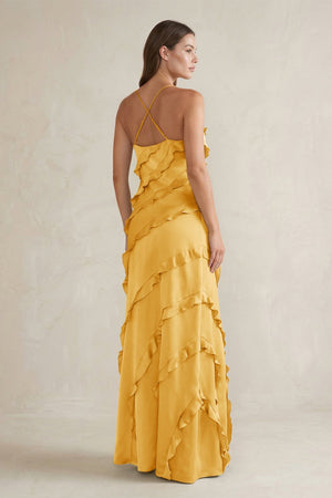 Spaghetti Straps Sheath Stain Ruffled Bridesmaid Dress in Gold - KissProm Bridesmaid Dresses