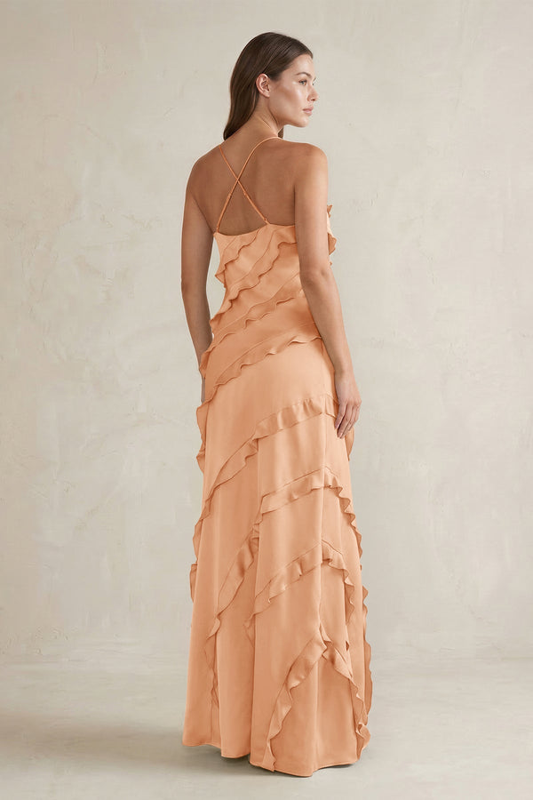 Spaghetti Straps Sheath Stain Ruffled Bridesmaid Dress in Golden Champagne - KissProm Bridesmaid Dresses
