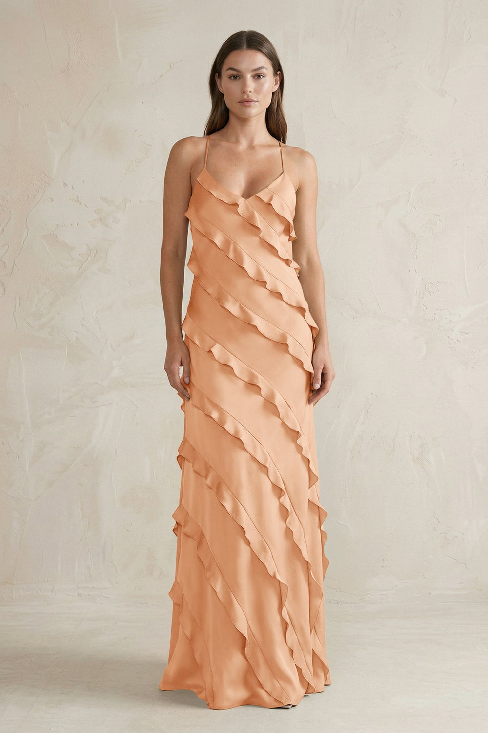 Spaghetti Straps Sheath Stain Ruffled Bridesmaid Dress in Golden Champagne - KissProm Bridesmaid Dresses