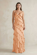 Spaghetti Straps Sheath Stain Ruffled Bridesmaid Dress in Golden Champagne - KissProm Bridesmaid Dresses