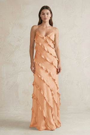 Spaghetti Straps Sheath Stain Ruffled Bridesmaid Dress in Golden Champagne - KissProm Bridesmaid Dresses
