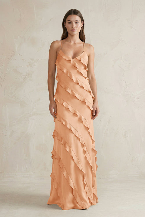 Spaghetti Straps Sheath Stain Ruffled Bridesmaid Dress in Golden Champagne - KissProm Bridesmaid Dresses