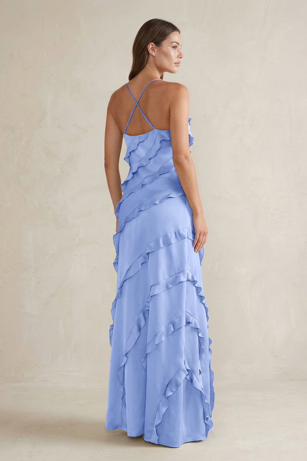 Spaghetti Straps Sheath Stain Ruffled Bridesmaid Dress in Ice - KissProm Bridesmaid Dresses