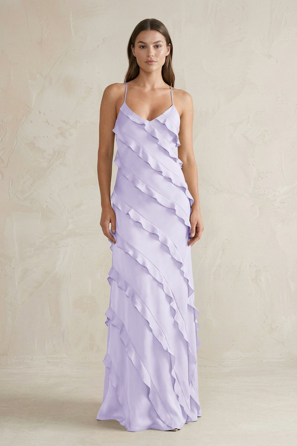 Spaghetti Straps Sheath Stain Ruffled Bridesmaid Dress in Lavender - KissProm Bridesmaid Dresses