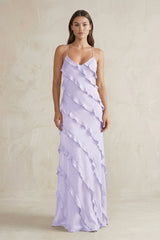 Spaghetti Straps Sheath Stain Ruffled Bridesmaid Dress in Lavender - KissProm Bridesmaid Dresses