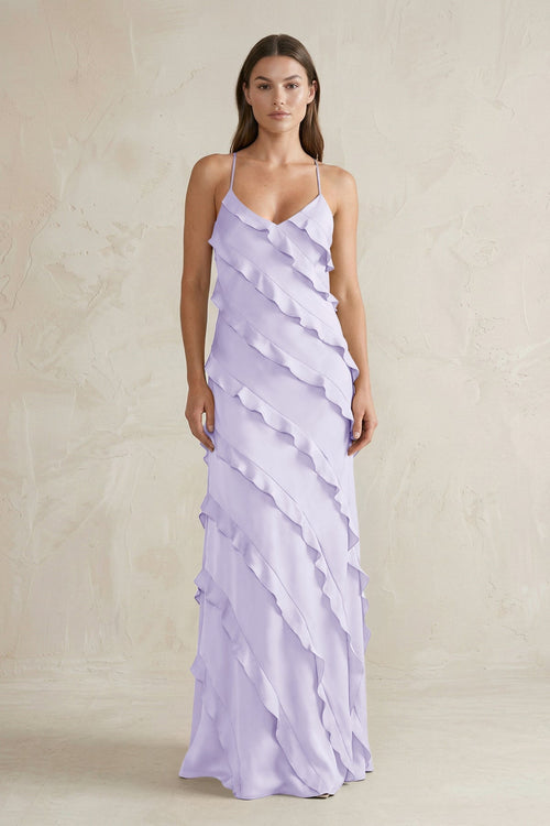 Spaghetti Straps Sheath Stain Ruffled Bridesmaid Dress in Lavender - KissProm Bridesmaid Dresses