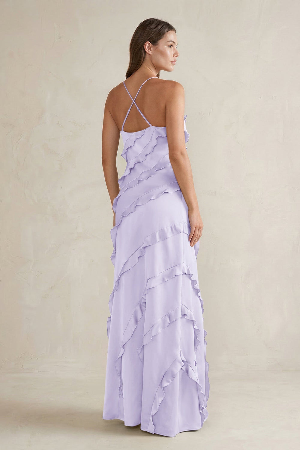 Spaghetti Straps Sheath Stain Ruffled Bridesmaid Dress in Lavender - KissProm Bridesmaid Dresses