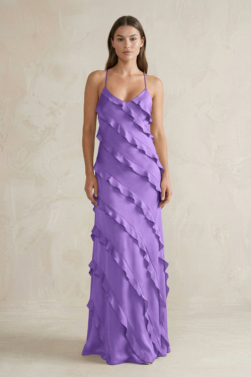 Spaghetti Straps Sheath Stain Ruffled Bridesmaid Dress in Lilac - KissProm Bridesmaid Dresses