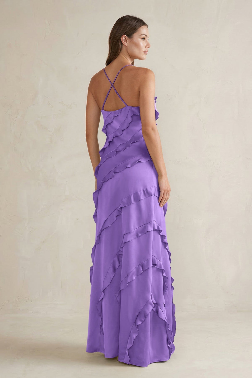Spaghetti Straps Sheath Stain Ruffled Bridesmaid Dress in Lilac - KissProm Bridesmaid Dresses