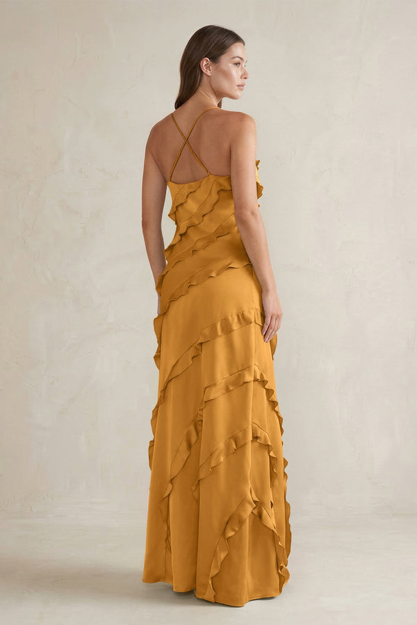 Spaghetti Straps Sheath Stain Ruffled Bridesmaid Dress in Marigold - KissProm Bridesmaid Dresses