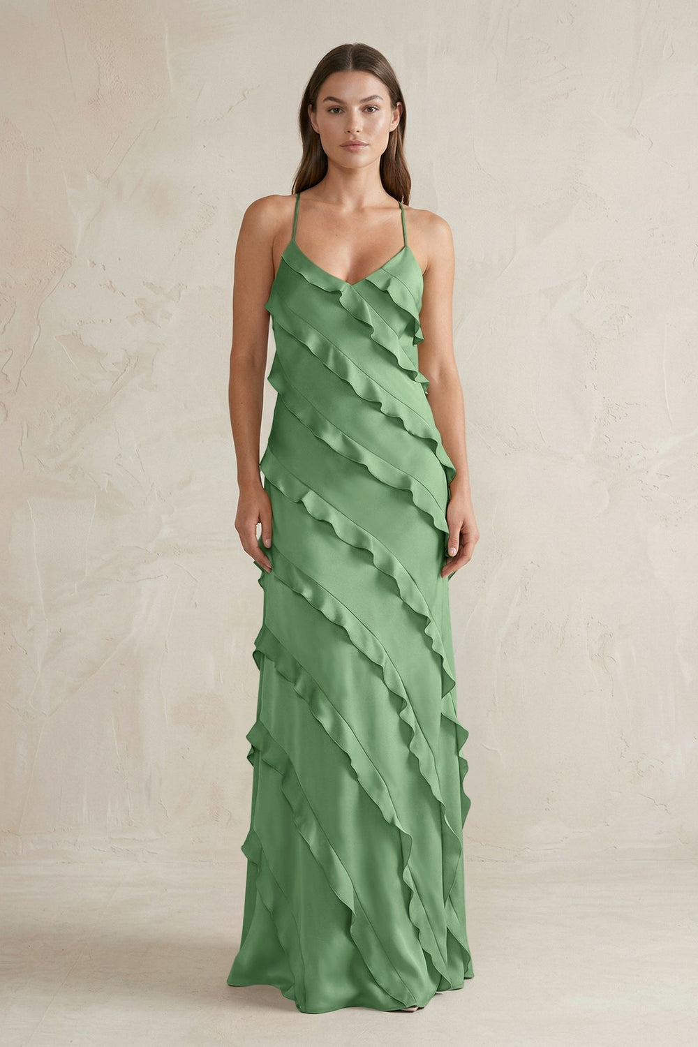 Spaghetti Straps Sheath Stain Ruffled Bridesmaid Dress in Matcha - KissProm Bridesmaid Dresses