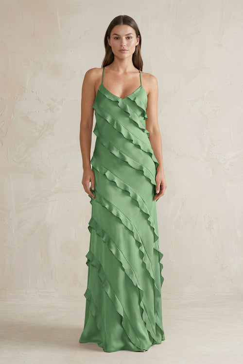 Spaghetti Straps Sheath Stain Ruffled Bridesmaid Dress in Matcha - KissProm Bridesmaid Dresses