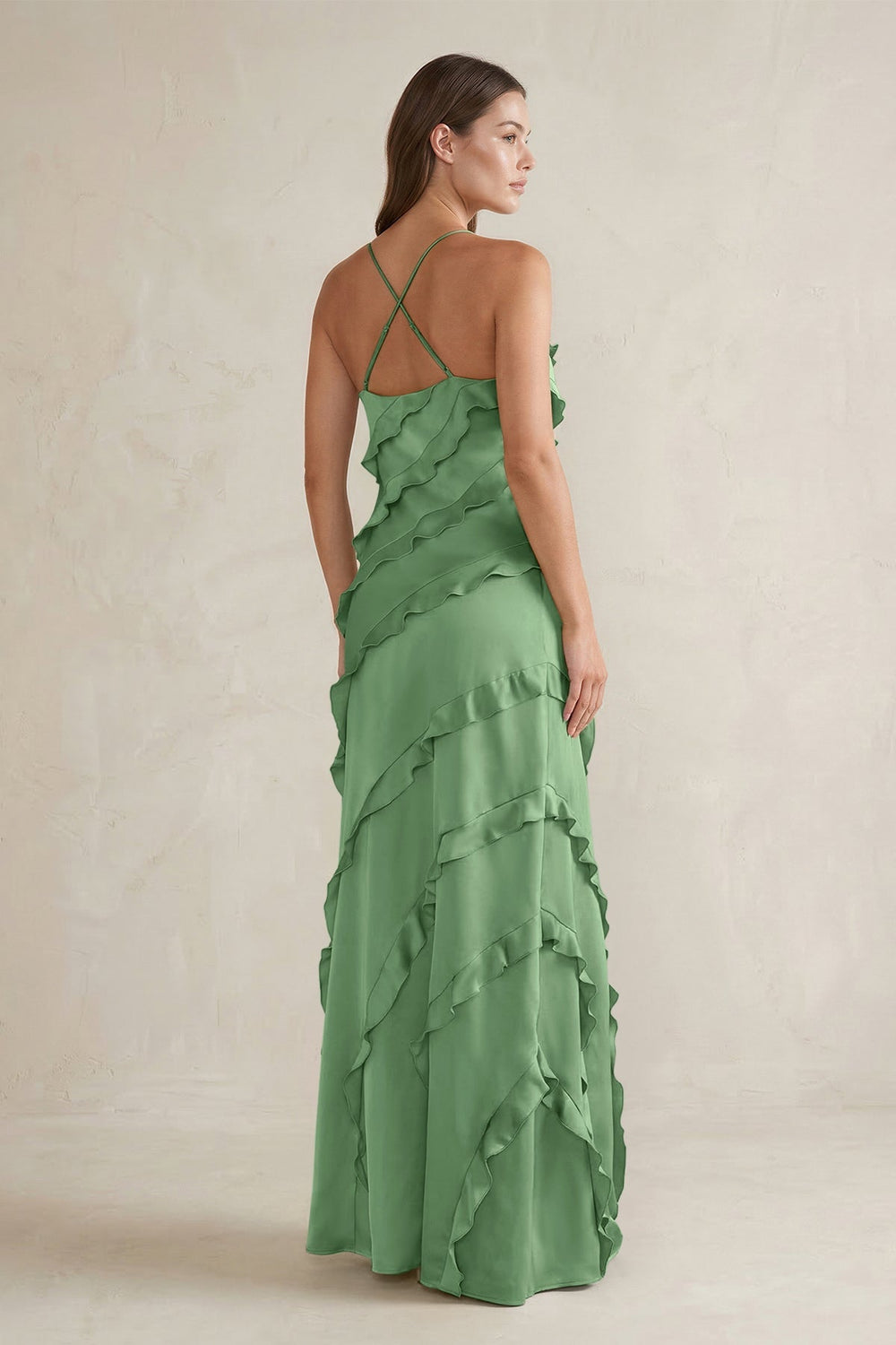 Spaghetti Straps Sheath Stain Ruffled Bridesmaid Dress in Matcha - KissProm Bridesmaid Dresses