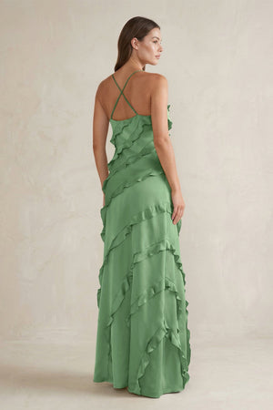 Spaghetti Straps Sheath Stain Ruffled Bridesmaid Dress in Matcha - KissProm Bridesmaid Dresses
