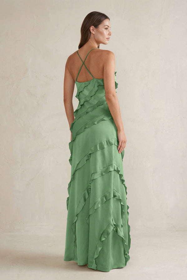 Spaghetti Straps Sheath Stain Ruffled Bridesmaid Dress in Matcha - KissProm Bridesmaid Dresses