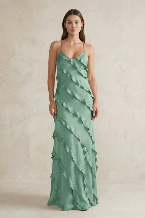 Spaghetti Straps Sheath Stain Ruffled Bridesmaid Dress in Mint Green - KissProm Bridesmaid Dresses