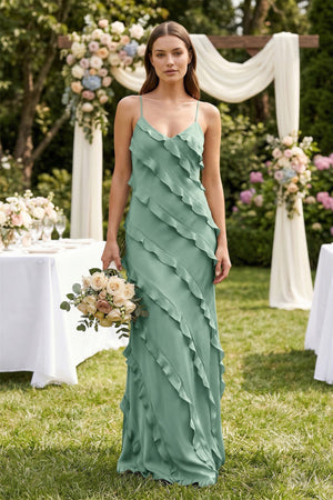 Spaghetti Straps Sheath Stain Ruffled Bridesmaid Dress in Mint Green - KissProm Bridesmaid Dresses