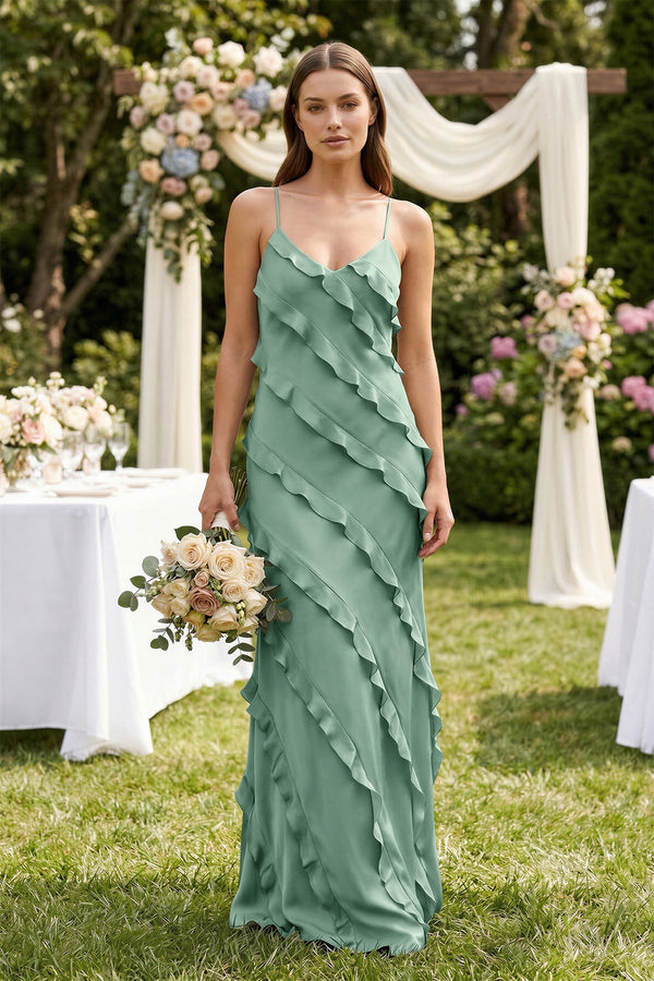 Spaghetti Straps Sheath Stain Ruffled Bridesmaid Dress in Mint Green - KissProm Bridesmaid Dresses