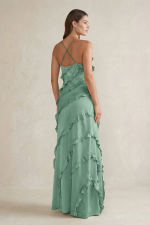 Spaghetti Straps Sheath Stain Ruffled Bridesmaid Dress in Mint Green - KissProm Bridesmaid Dresses