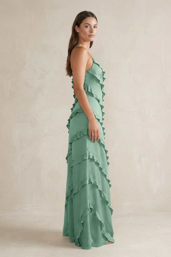 Spaghetti Straps Sheath Stain Ruffled Bridesmaid Dress in Mint Green - KissProm Bridesmaid Dresses