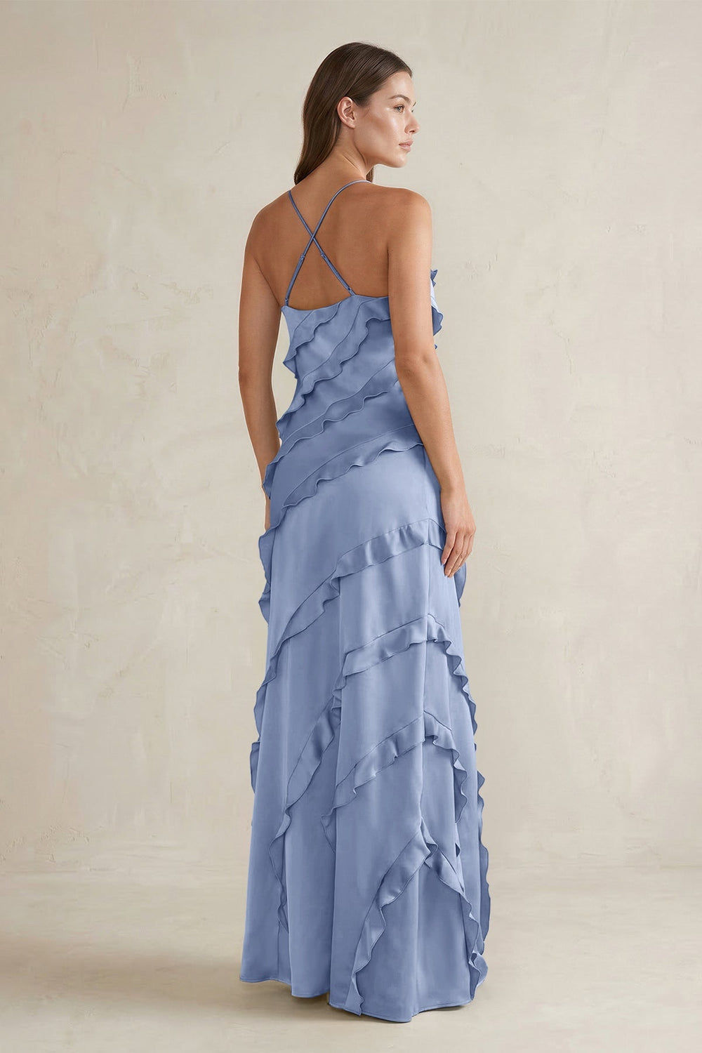Spaghetti Straps Sheath Stain Ruffled Bridesmaid Dress in Mist - KissProm Bridesmaid Dresses