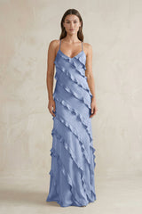 Spaghetti Straps Sheath Stain Ruffled Bridesmaid Dress in Mist - KissProm Bridesmaid Dresses