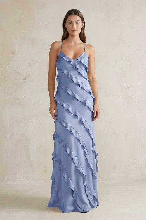 Spaghetti Straps Sheath Stain Ruffled Bridesmaid Dress in Mist - KissProm Bridesmaid Dresses