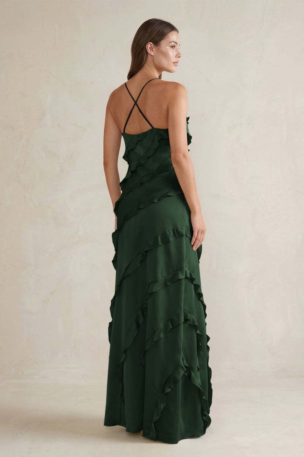 Spaghetti Straps Sheath Stain Ruffled Bridesmaid Dress in Moss - KissProm Bridesmaid Dresses
