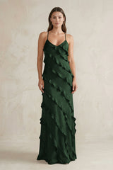 Spaghetti Straps Sheath Stain Ruffled Bridesmaid Dress in Moss - KissProm Bridesmaid Dresses