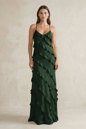 Spaghetti Straps Sheath Stain Ruffled Bridesmaid Dress in Moss - KissProm Bridesmaid Dresses