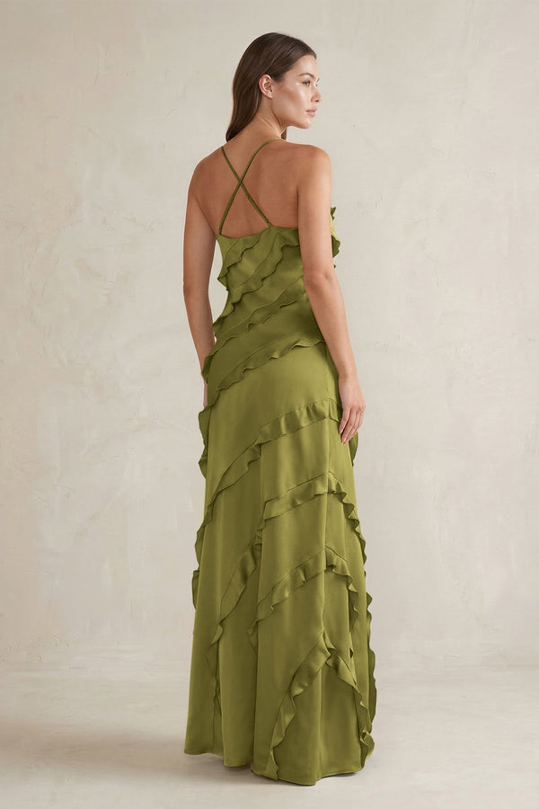 Spaghetti Straps Sheath Stain Ruffled Bridesmaid Dress in Moss Green - KissProm Bridesmaid Dresses