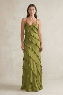 Spaghetti Straps Sheath Stain Ruffled Bridesmaid Dress in Moss Green - KissProm Bridesmaid Dresses
