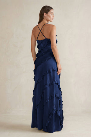 Spaghetti Straps Sheath Stain Ruffled Bridesmaid Dress in Navy - KissProm Bridesmaid Dresses