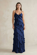 Spaghetti Straps Sheath Stain Ruffled Bridesmaid Dress in Navy - KissProm Bridesmaid Dresses