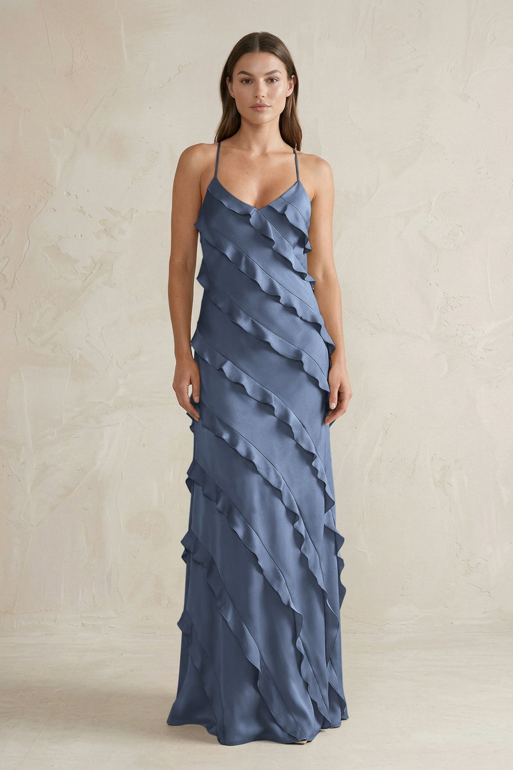 Spaghetti Straps Sheath Stain Ruffled Bridesmaid Dress in Neptune - KissProm Bridesmaid Dresses