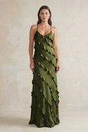 Spaghetti Straps Sheath Stain Ruffled Bridesmaid Dress in Olive - KissProm Bridesmaid Dresses
