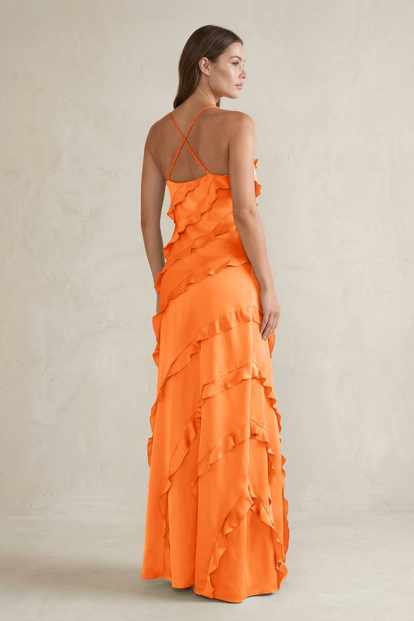 Spaghetti Straps Sheath Stain Ruffled Bridesmaid Dress in Orange - KissProm Bridesmaid Dresses