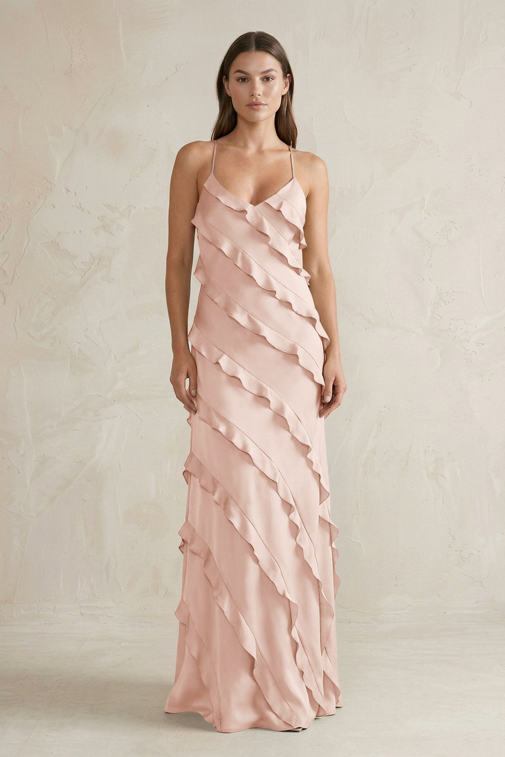 Spaghetti Straps Sheath Stain Ruffled Bridesmaid Dress in Pale Blush - KissProm Bridesmaid Dresses