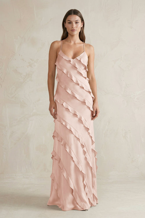 Spaghetti Straps Sheath Stain Ruffled Bridesmaid Dress in Pale Blush - KissProm Bridesmaid Dresses