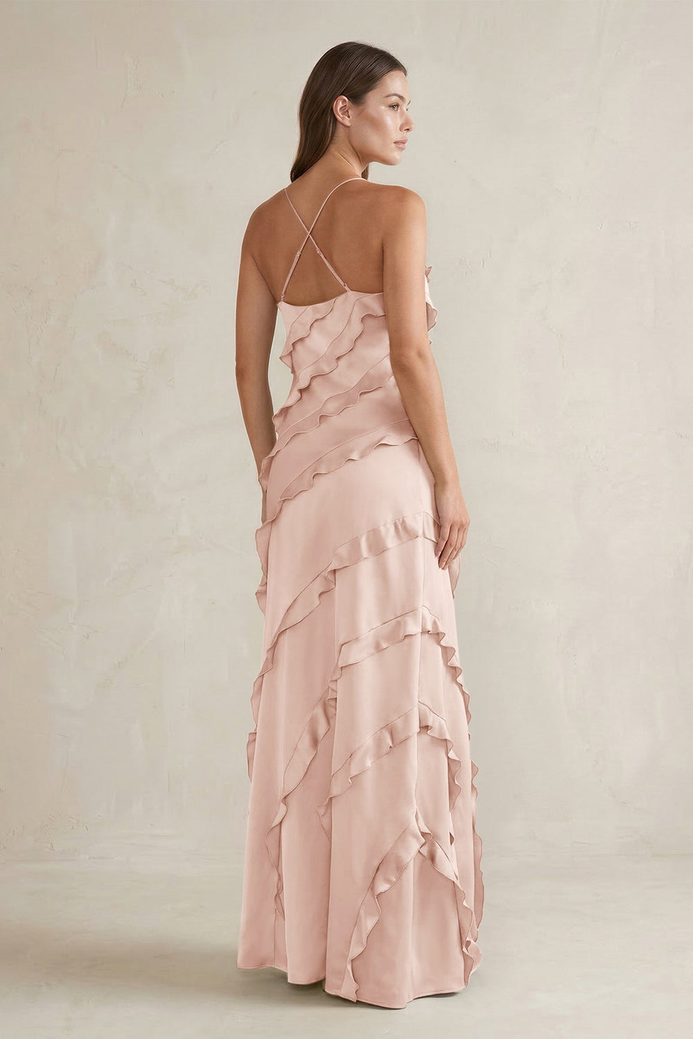 Spaghetti Straps Sheath Stain Ruffled Bridesmaid Dress in Pale Blush - KissProm Bridesmaid Dresses