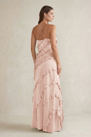 Spaghetti Straps Sheath Stain Ruffled Bridesmaid Dress in Pale Blush - KissProm Bridesmaid Dresses