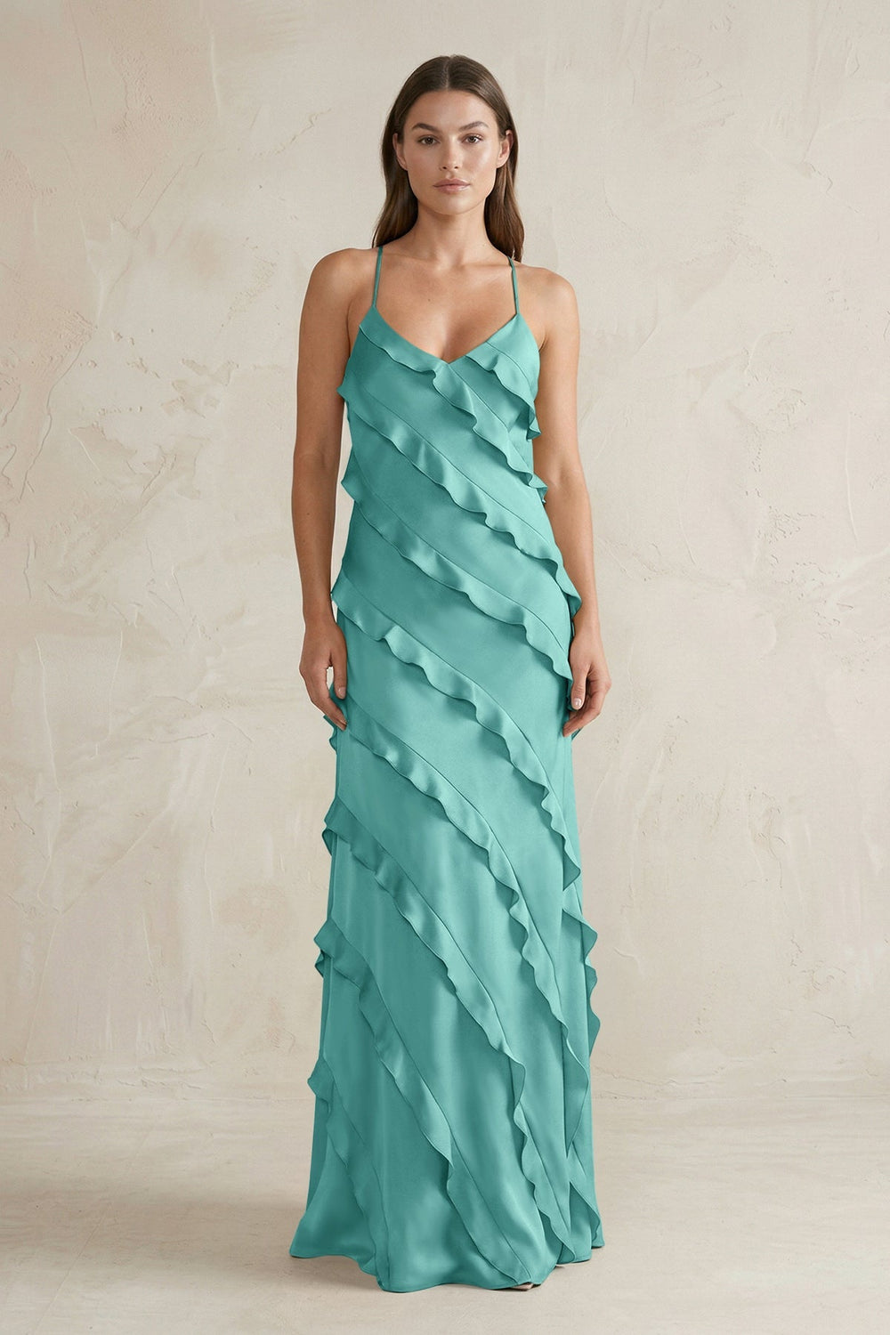 Spaghetti Straps Sheath Stain Ruffled Bridesmaid Dress in Pale Pistachio - KissProm Bridesmaid Dresses