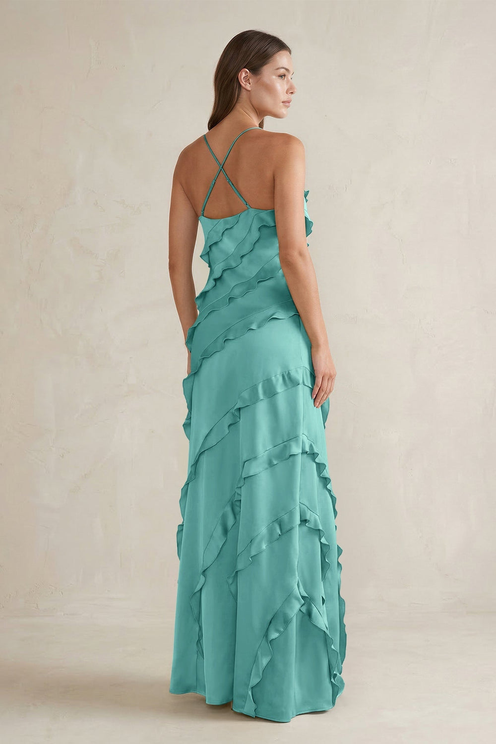 Spaghetti Straps Sheath Stain Ruffled Bridesmaid Dress in Pale Pistachio - KissProm Bridesmaid Dresses