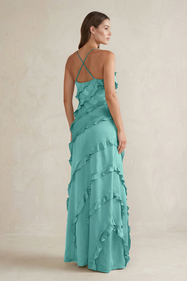 Spaghetti Straps Sheath Stain Ruffled Bridesmaid Dress in Pale Pistachio - KissProm Bridesmaid Dresses