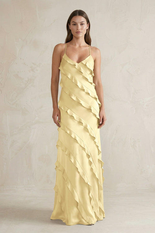 KissProm | Spaghetti Straps Sheath Stain Ruffled Bridesmaid Dress in Pastel Yellow KissProm | Spaghetti Straps Sheath Stain Ruffled Bridesmaid Dress in Pastel Yellow